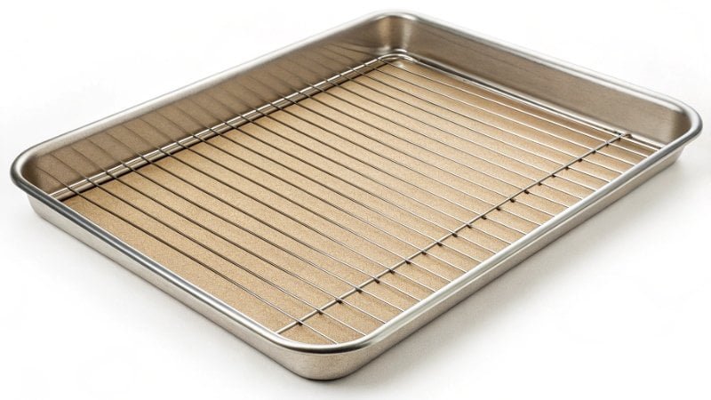 A wire rack fitting snugly inside the walls of a sheet pan